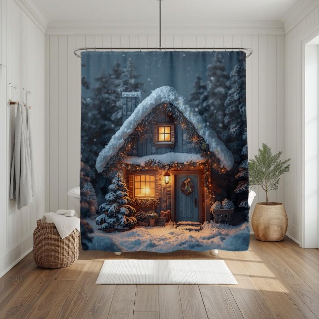 Cozy Snowy Cabin Christmas Winter Forest Shower Curtain (Creator Uploaded)
