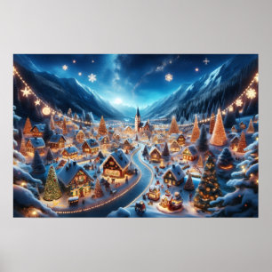 Cozy Snowy Christmas Village at Night Poster