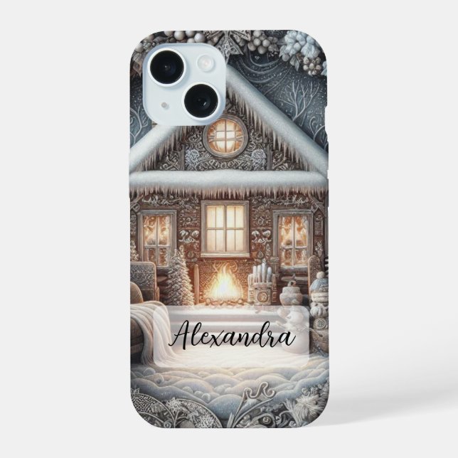 Cozy Snowy House, Sofa, Blanket, Gifts, Snowman iPhone 15 Case (Back)