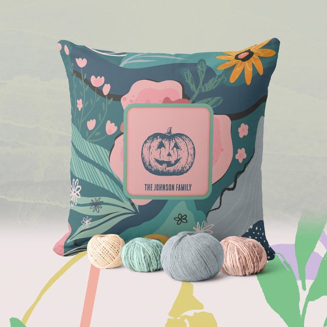 Cozy Soft Pink Teal Blue Fall Pumpkin Floral  Throw Pillow (Cozy Soft Pink Teal Blue Fall Pumpkin Floral Throw Pillow ©Susanne Sachers - Sunny Mind Design 🌞)
