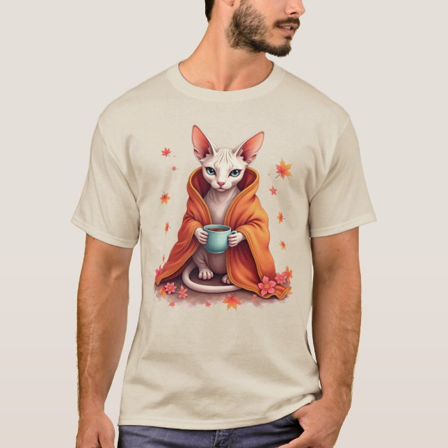 Cozy Sphynx Cat Wrapped in Blanket with Coffee – P T-Shirt (Front)