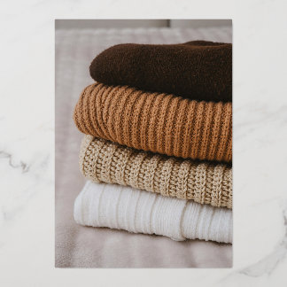 Cozy Stack of Warm Knitted Winter Sweaters Foil Invitation