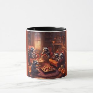 Cozy storybook Halloween with Raccoon Family
