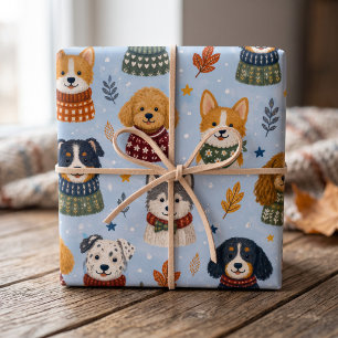 Cozy Sweater Puppies Winter Dog Pattern Wrapping Paper Sheets