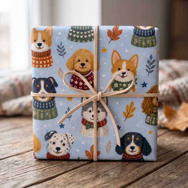 Cozy Sweater Puppies Winter Dog Pattern Wrapping Paper Sheets (Creator Uploaded)