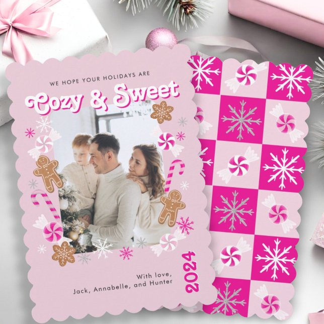 Cozy & Sweet Hot Pink Peppermint Cookies 1 Photo Holiday Card (Creator Uploaded)