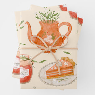 Cozy Tea Time & Pastries Folk Art Seamless Pattern Wrapping Paper Sheets