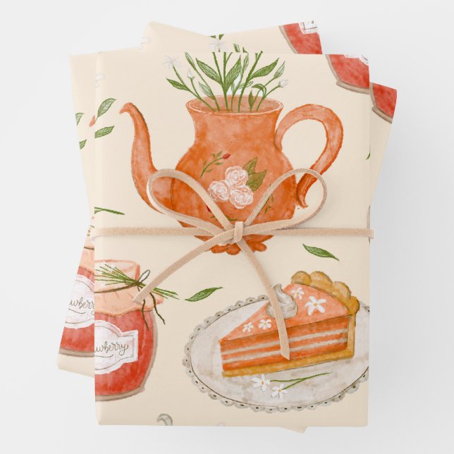 Cozy Tea Time & Pastries Folk Art Seamless Pattern Wrapping Paper Sheets (In situ)