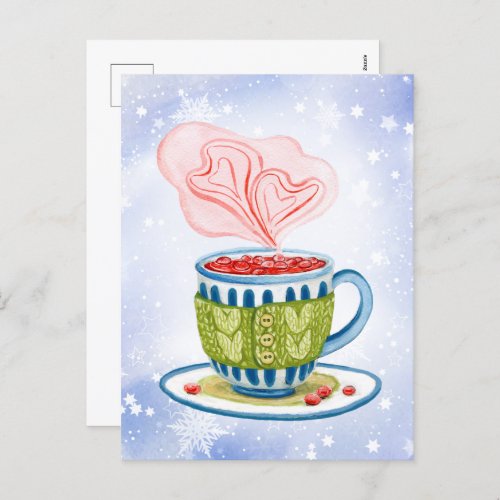 Cozy teacup and pink hearts holiday postcard