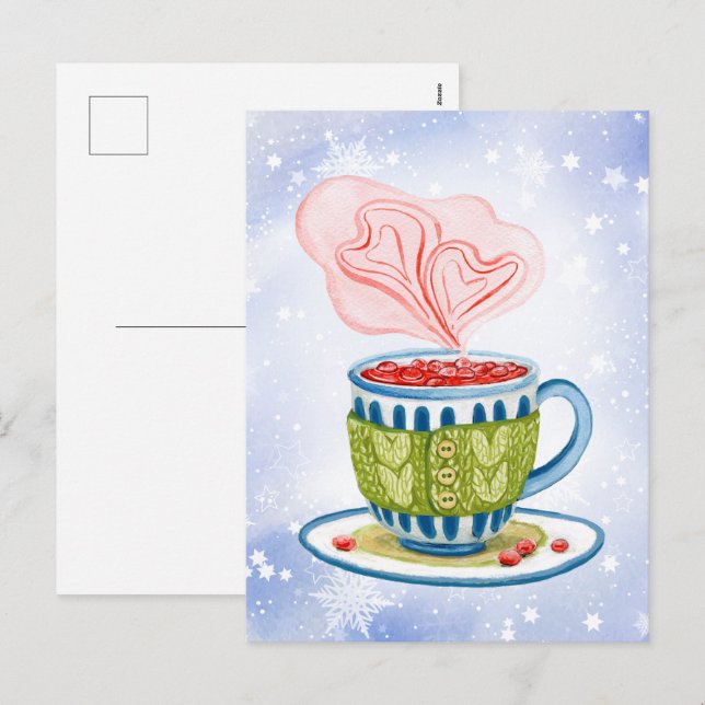 Cozy teacup and pink hearts holiday postcard (Front/Back)
