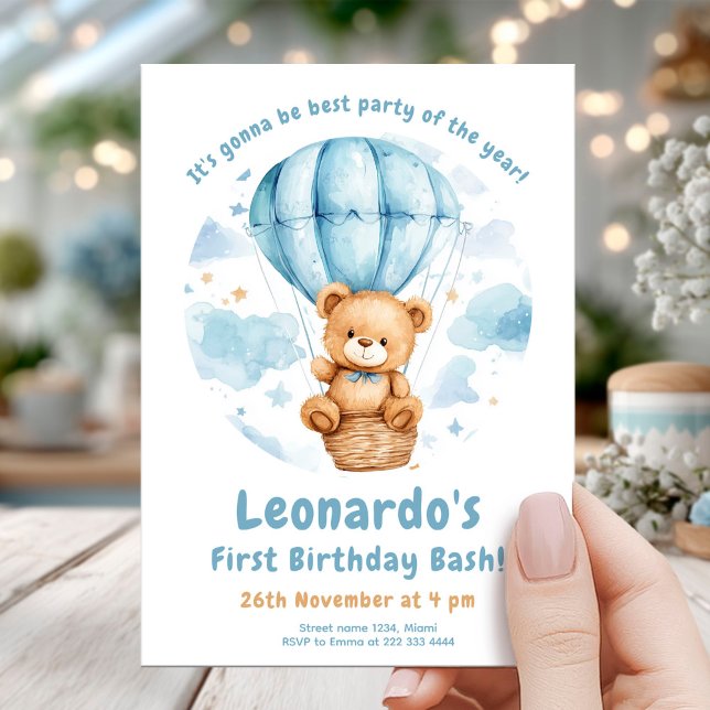 Cozy Teddy Balloon 1st Birthday Invitation (Creator Uploaded)