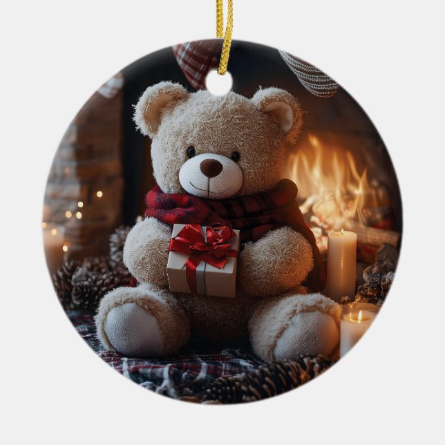Cozy Teddy Bear Holiday Design  Ceramic Ornament (Front)