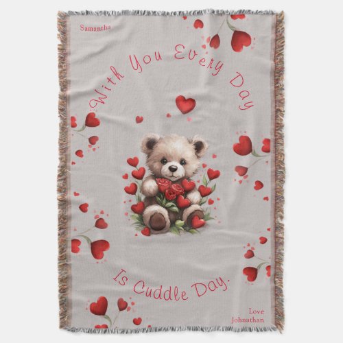 Cozy Teddy Bear Love Hearts  Roses Valentines Day Throw Blanket
