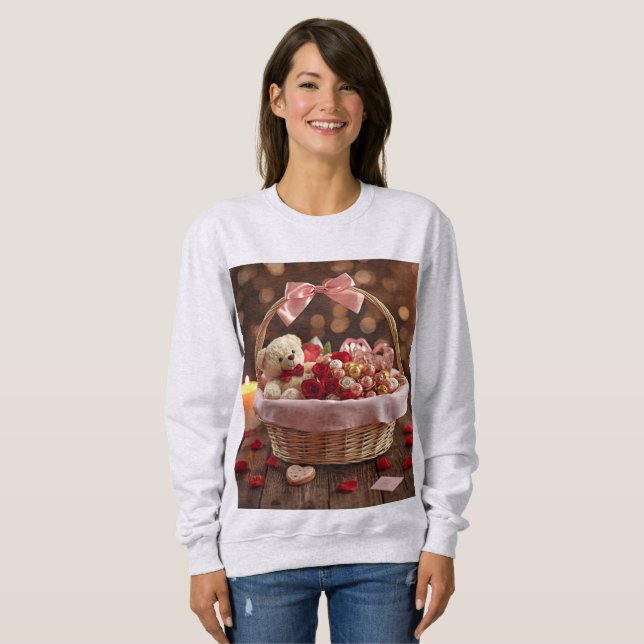 Cozy Teddy Rose Basket Romantic Valentine Sweatshirt (Front Full)
