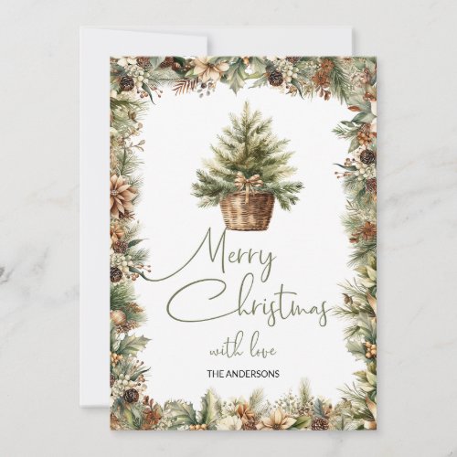 Cozy terracotta and sage Christmas tree in sack Holiday Card