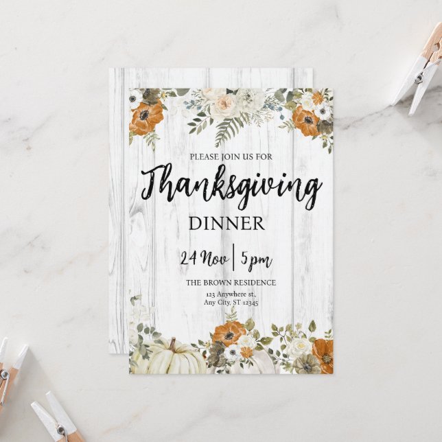 Cozy Thanksgiving Dinner Pumpkin Fall Flowers Invitation (Front/Back In Situ)