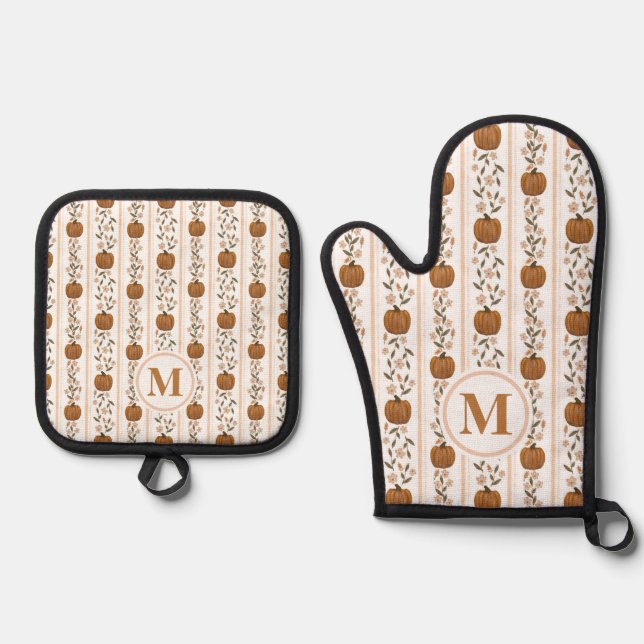 Cozy Thanksgiving Pumpkin Floral Oven Mitt & Pot Holder Set (Front)
