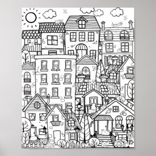Cozy Town Cute Funny Cats Doodle Adult Coloring Poster