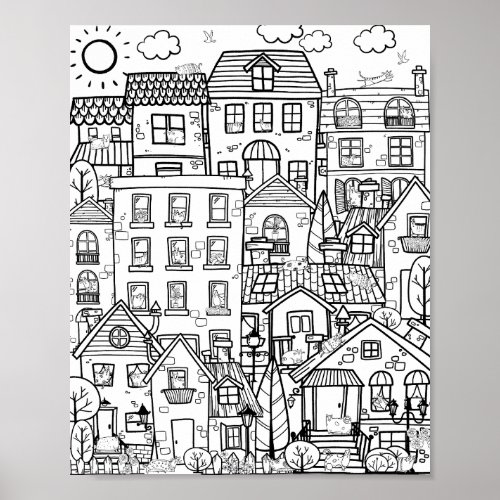 Cozy Town Cute Funny Cats Doodle Adult Coloring Poster