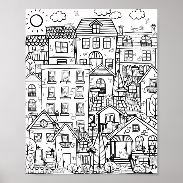 Cozy Town Cute Funny Cats Doodle Adult Coloring Poster (Front)