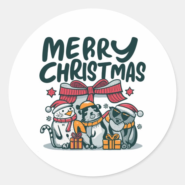 Cozy Trio Critters Christmas Cheer & Gifts Classic Round Sticker (Front)