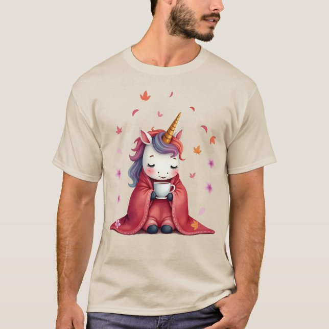 Cozy Unicorn Wrapped in Blanket Drinking Coffee  T-Shirt (Front)