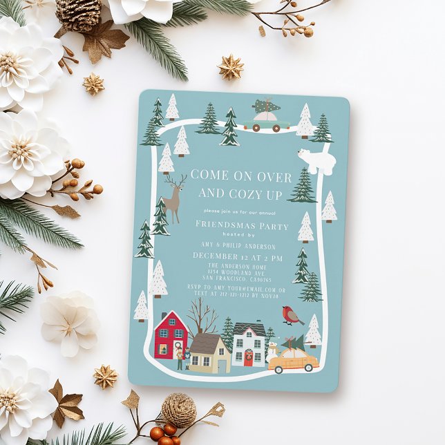 Cozy Up Blue Snowy Village Christmas Holiday Party Invitation (Creator Uploaded)