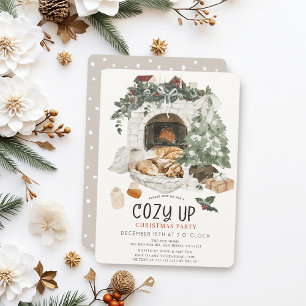 Cozy Up Fireplace Cat Dog Christmas Holiday Party Invitation