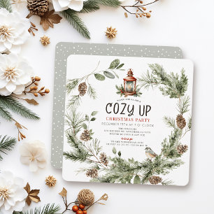 Cozy Up Greenery Wreath Christmas Holiday Party Invitation