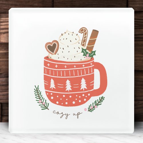 Cozy Up Hot Cocoa Mug Christmas Holiday Glass Coaster