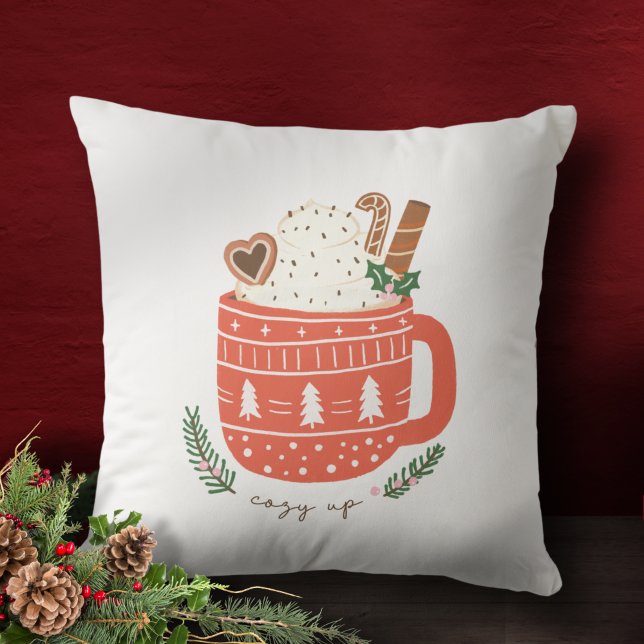 Cozy Up Hot Cocoa Mug Christmas Holiday Throw Pillow (Creator Uploaded)