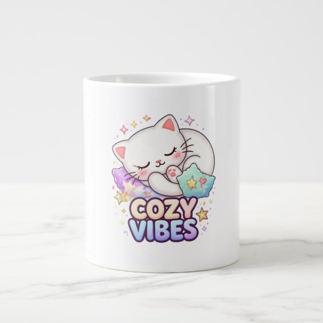 Cozy Vibe Cat Sticker | Cute Sleeping Cat  Giant Coffee Mug (Front)
