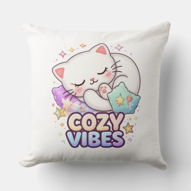 Cozy Vibe Cat Sticker | Cute Sleeping Cat  Throw Pillow (Front)