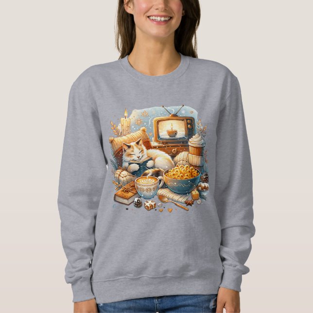Cozy Vibes Only: Cat, Book, Mac & Cheese, Coffee Sweatshirt (Front)