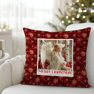 Cozy Victorian Angel Red Gold Festive Christmas Throw Pillow