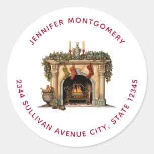 Cozy Victorian Fireplace Christmas - Address Classic Round Sticker