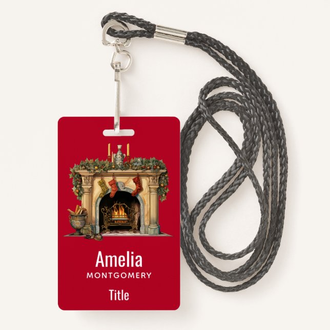 Cozy Victorian Fireplace Christmas Badge (Front with Lanyard)