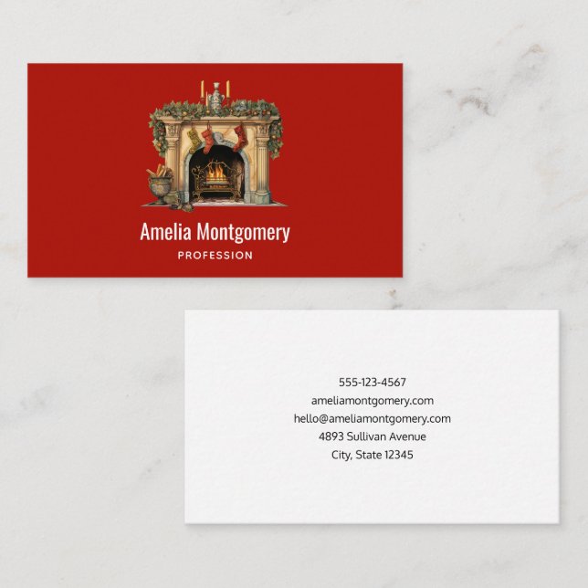 Cozy Victorian Fireplace Christmas Business Card (Front/Back)