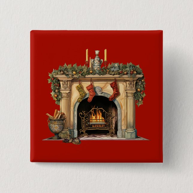 Cozy Victorian Fireplace Christmas Button (Front)