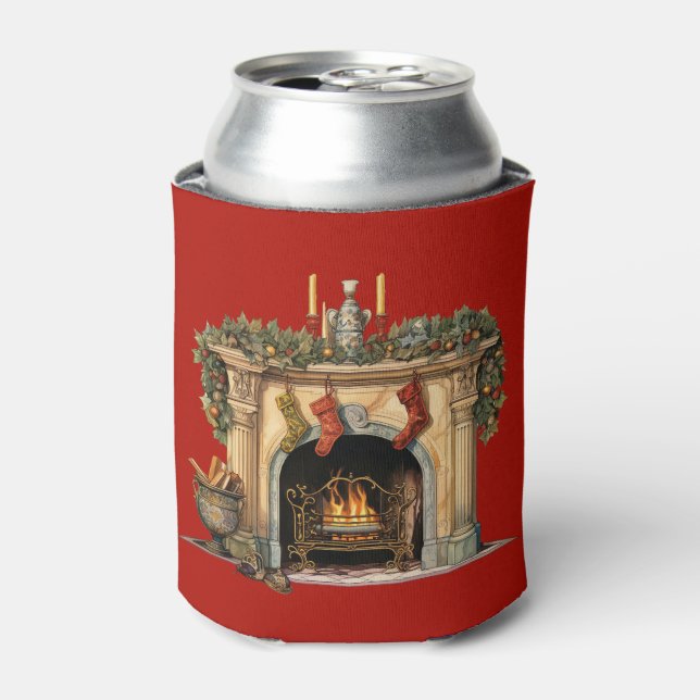 Cozy Victorian Fireplace Christmas Can Cooler (Can Front)