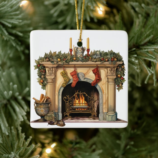 Cozy Victorian Fireplace Christmas Ceramic Ornament (Tree)