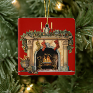 Cozy Victorian Fireplace Christmas Ceramic Ornament