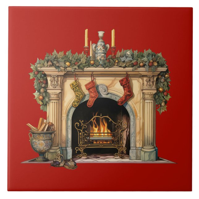 Cozy Victorian Fireplace Christmas Ceramic Tile (Front)