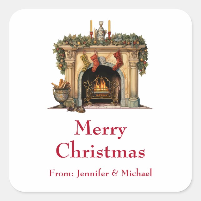 Cozy Victorian Fireplace Christmas Gift Square Sticker (Front)