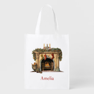 Cozy Victorian Fireplace Christmas Grocery Bag