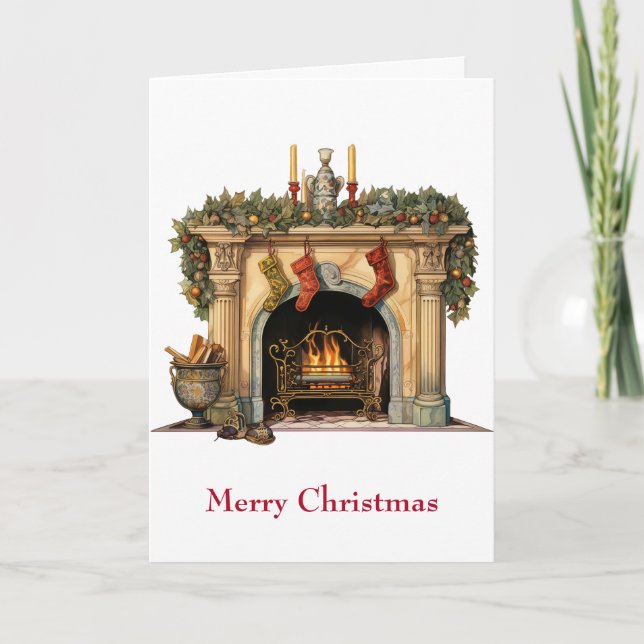 Cozy Victorian Fireplace Christmas Holiday Card (Front)