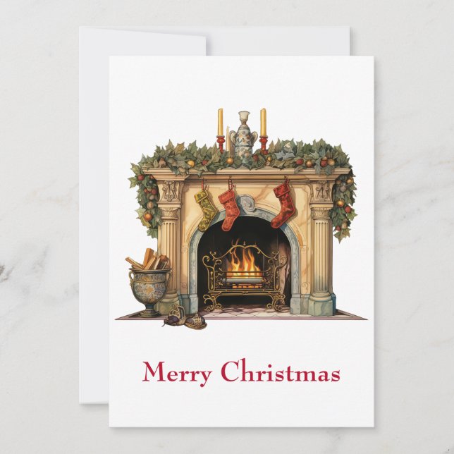 Cozy Victorian Fireplace Christmas Holiday Card (Front)