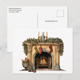 Cozy Victorian Fireplace Christmas Holiday Postcard