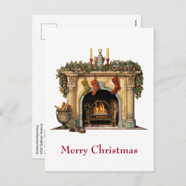 Cozy Victorian Fireplace Christmas Holiday Postcard (Front/Back)