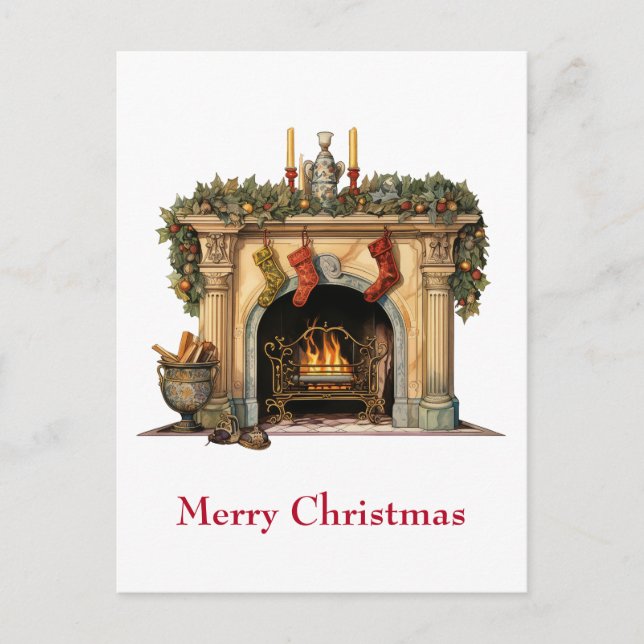 Cozy Victorian Fireplace Christmas Holiday Postcard (Front)
